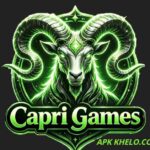 Capri Games official logo, neon green ram mascot with glowing horns for APK KHELO mobile gaming app.