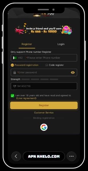 A visual guide showing the HF 786 Game registration process for users creating a new gaming account.