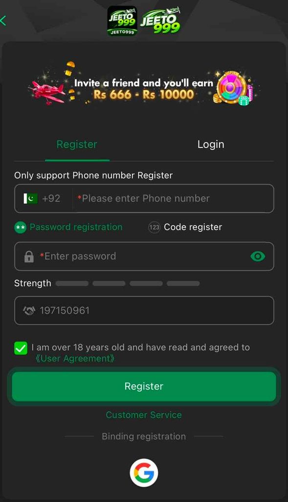 Jeeto 999 Game registration process on Android