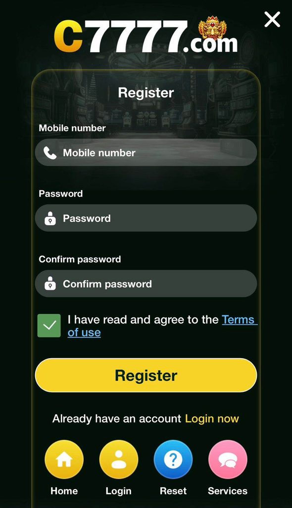 C777 Game registration and account creation