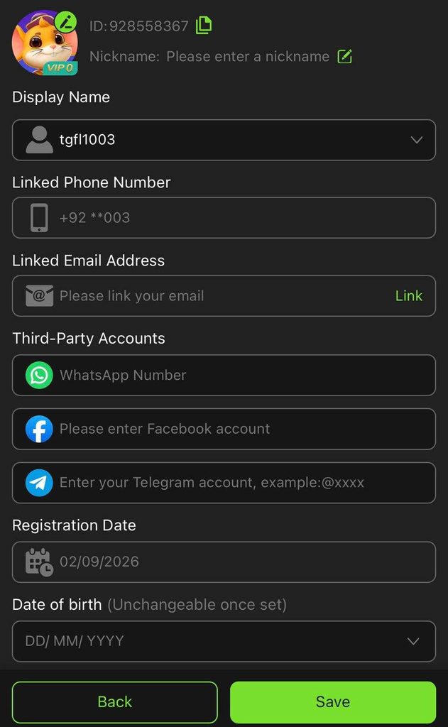 Y222 Game registration page for creating a new account